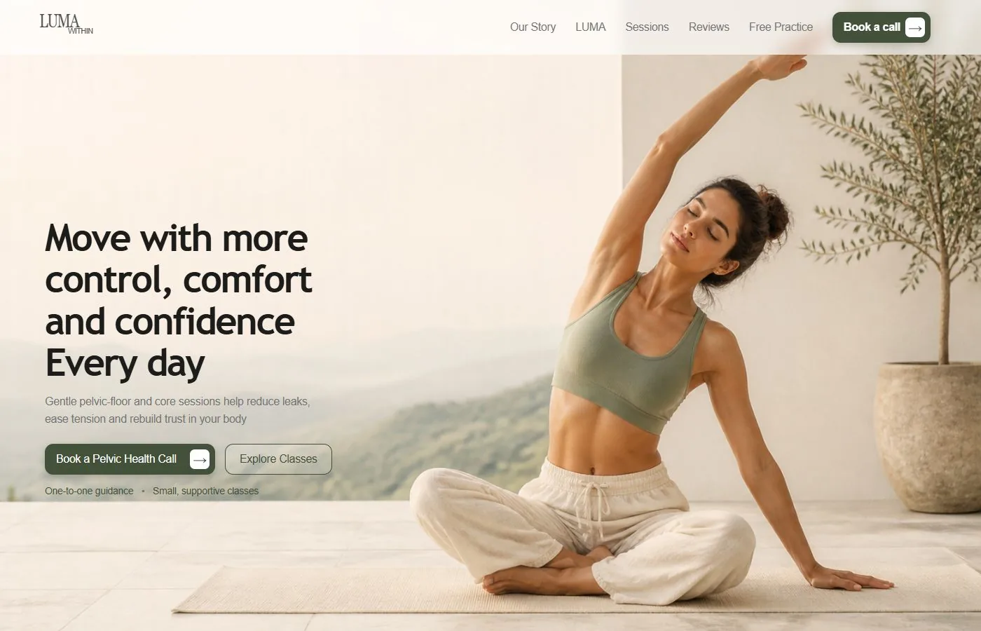 Concept design for Luma Within, an invented pelvic floor and core wellbeing practice, with the headline move with more control, comfort and confidence