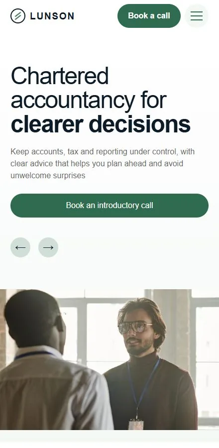 Concept design for Lunson, an invented chartered accountancy practice, shown on a phone with the headline chartered accountancy for clearer decisions
