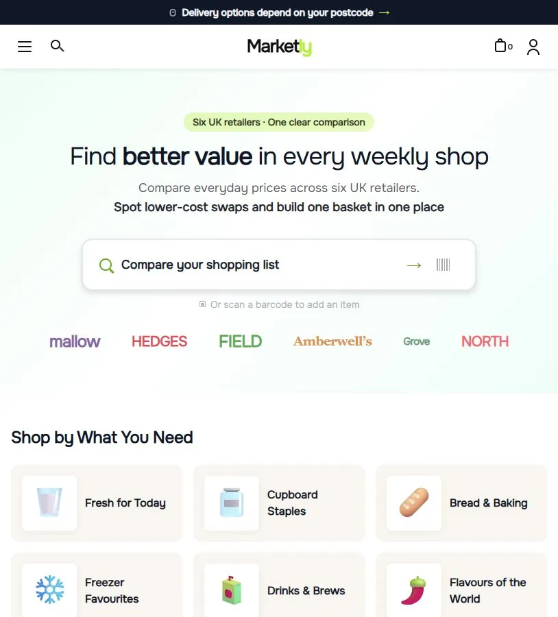 Concept design for Marketly, an invented grocery price comparison service, with a shopping list search and everyday aisle categories