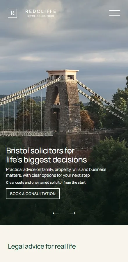Concept design for Redcliffe Rowe, an invented Bristol solicitors, shown on a phone over a photograph of the Clifton Suspension Bridge with the headline Bristol solicitors for life's biggest decisions