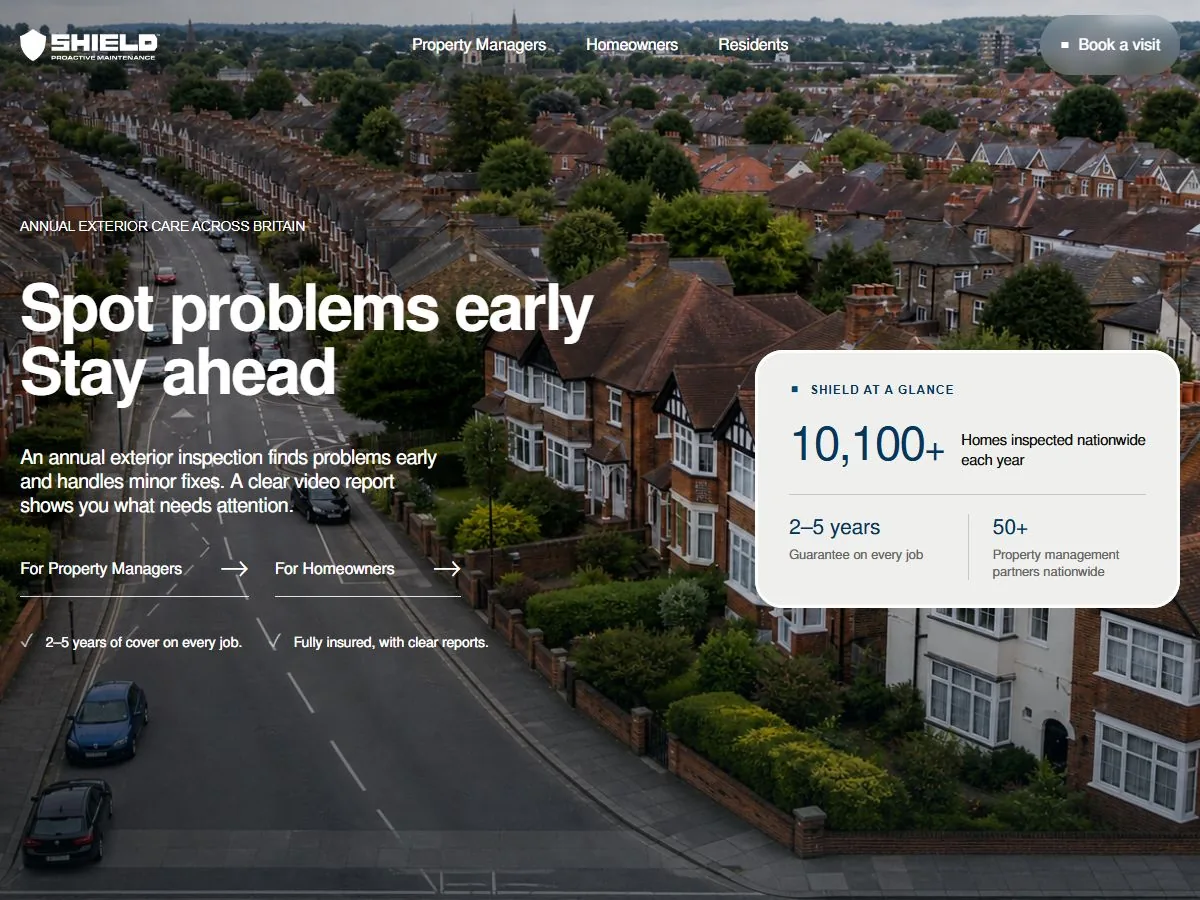 Concept design for Shield, an invented proactive property maintenance service, with an aerial photograph of a residential street and a panel counting homes inspected each year