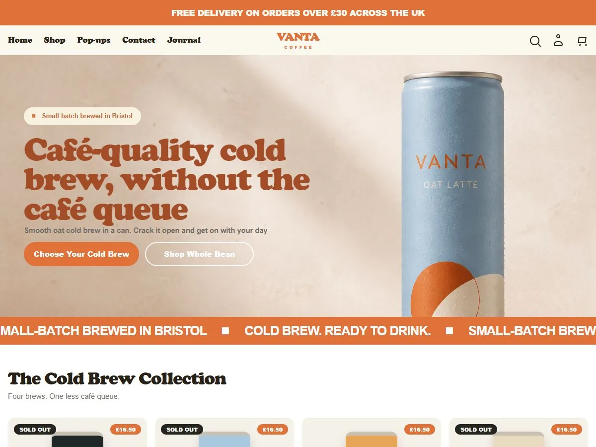 Concept design for Vanta Coffee, an invented small batch cold brew shop, with a canned oat latte hero and a free delivery banner above the navigation