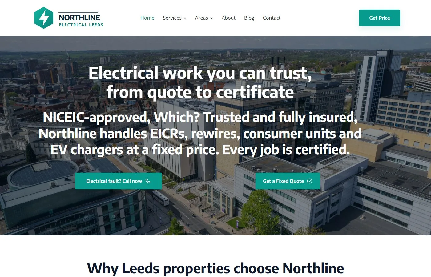Desktop view of the Northline Electrical Leeds website example