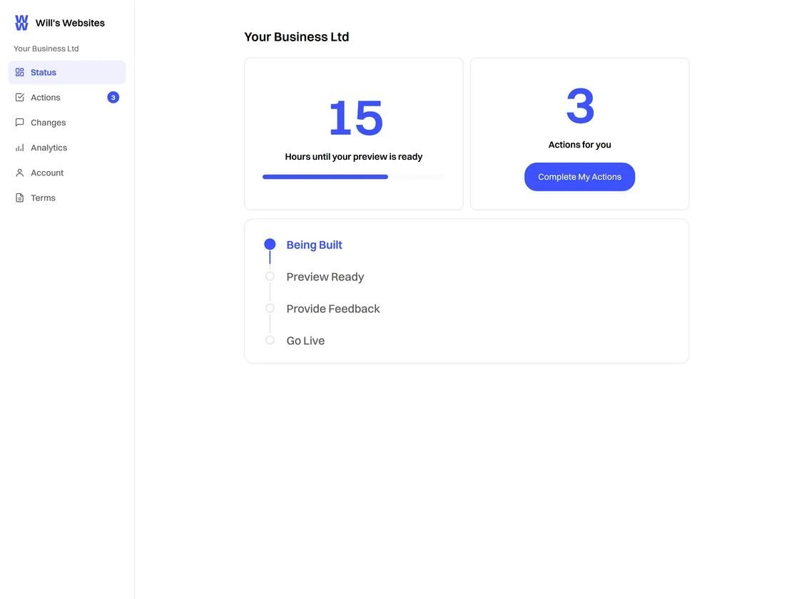 The latest client dashboard for Your Business Ltd while the website is being built, with 15 hours until the preview and three actions to complete